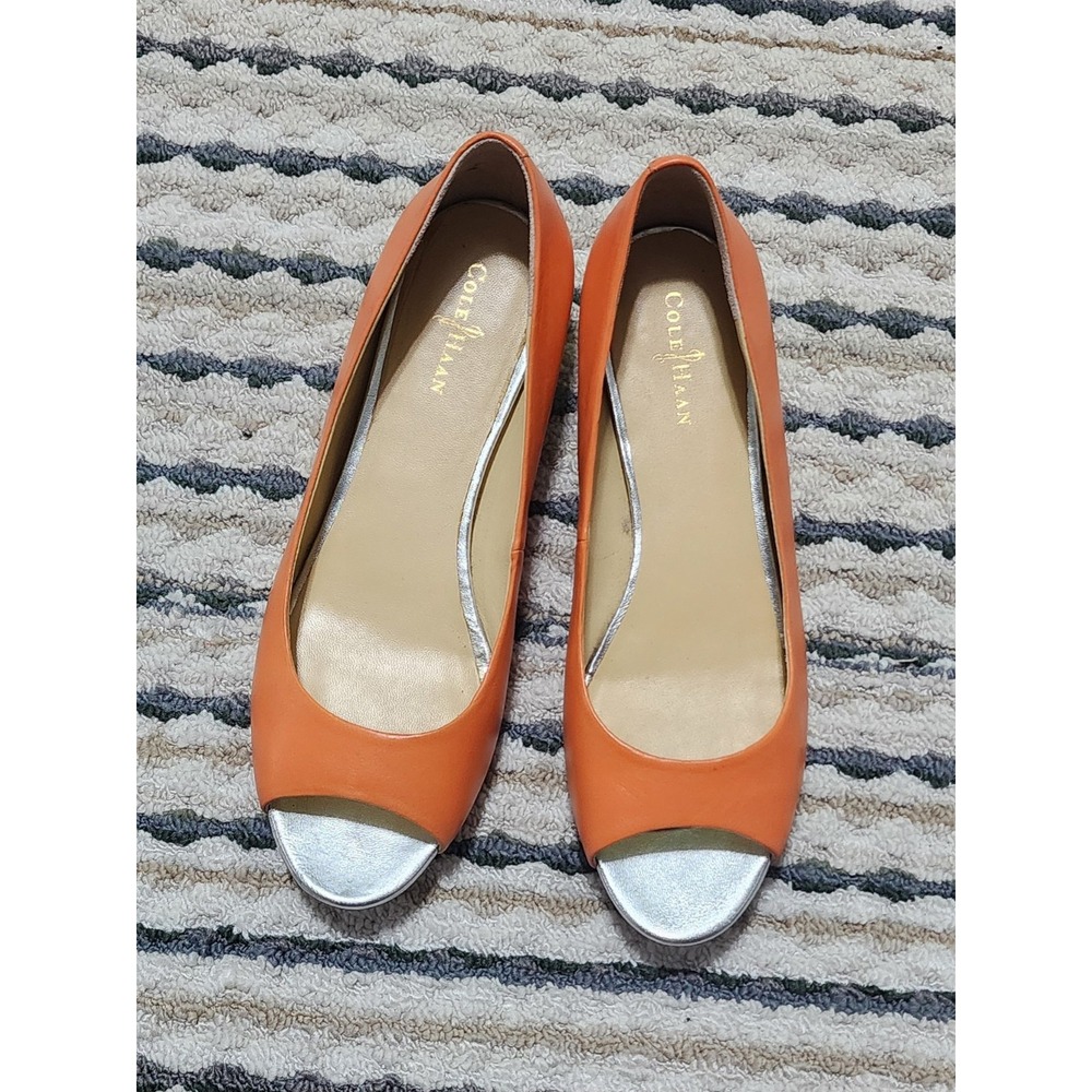 Cole Haan Women's Tali Orange Leather Silver Peep Toe Flats Size7B  D40035